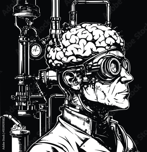 Steampunk Vector Illustration:  Exposed Brain, Goggles,  Intricate Machinery, Dark Mood