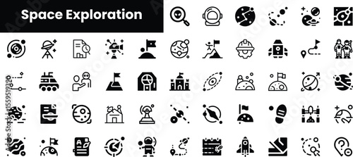 A collection of minimalist black icons representing various aspects of space exploration, including rockets, planets, astronauts, and scientific instruments.