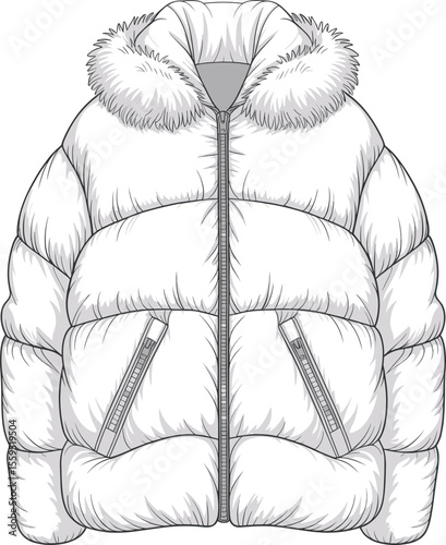 Fur Collar Puffer Jacket Top View Fashion CAD Vector Flat Sketch Template