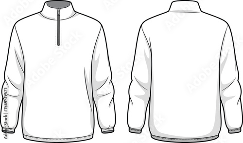 Half Zip Pullover Flat CAD Vector Fashion Technical Drawing Top View Template