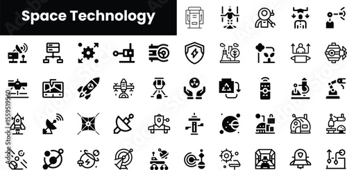 A collection of black and white icons representing space technology, including rockets, satellites, robots, and various scientific devices in a modern design.