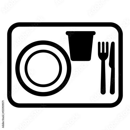Cafeteria tray with plate cup and utensils icon on transparent background representing food service and dining area
