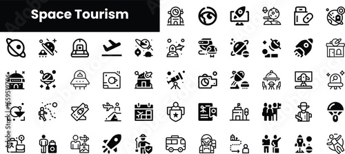 A collection of minimalist icons representing various aspects of space tourism, including rockets, astronauts, planets, and spacecraft, reflecting a futuristic aesthetic.