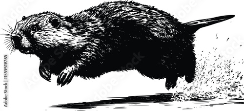 Vector illustration: Energetic muskrat leaping, dynamic ink style