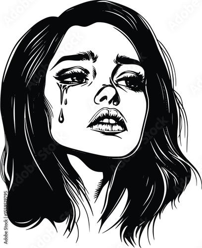 Vector illustration: Sad woman, dramatic line art, monochrome portrait, crying tears.