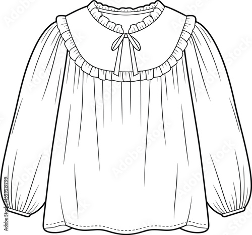 Long Sleeve Ruffle Blouse CAD – Fashion Top View Vector Flat Template