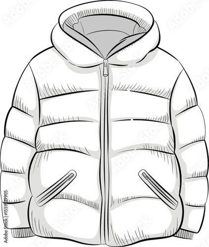 Puffer Jacket Top View Flat Sketch Vector Fashion CAD Technical Drawing Template