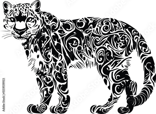 Elegant Vector Snow Leopard: Ornate, Black, Intricate Design