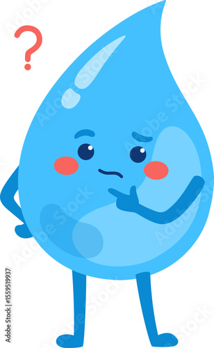 Thoughtful Water Drop Character with Question Mark

