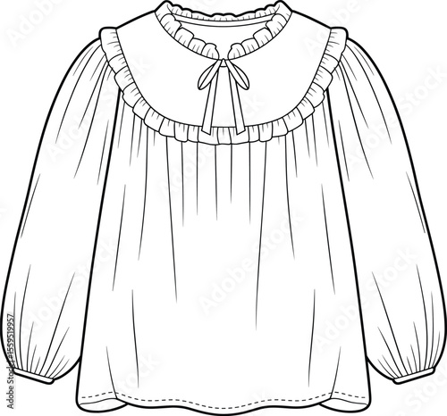 Ruffle Neck Blouse CAD – Top View Fashion Vector Flat Sketch Template