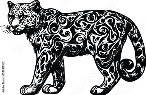 Ornate Vector Jaguar: Elegant Black Ink Swirl Design