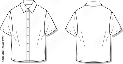 Short Sleeve Button Up Shirt CAD Flat Fashion Vector Top View Illustration