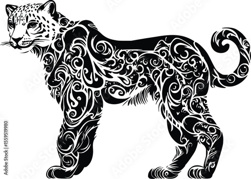 Elegant snow leopard vector: ornate, black, floral design