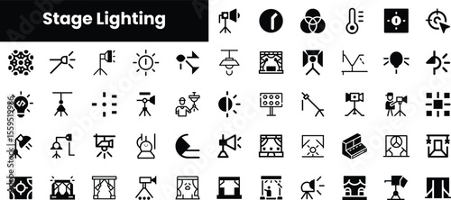 A collection of stage lighting icons showcasing various types of lamps, backdrops, and controls, perfect for lighting designers and stage technicians.