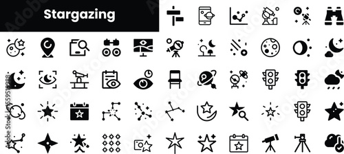 A collection of minimalist black and white icons representing various elements of stargazing, including telescopes, stars, constellations, and celestial bodies.