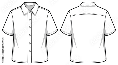 Short Sleeve Shirt Fashion CAD Vector Flat Technical Drawing Top View Template