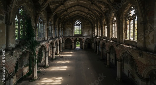 Large hall of abandoned building in gothic style.