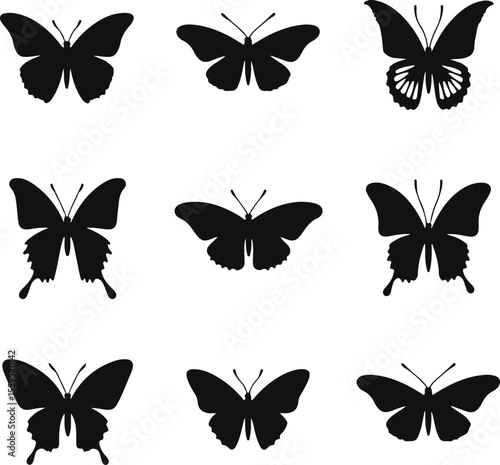 Collection of nine black butterfly silhouettes in various poses and styles