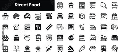 A collection of various street food icons illustrating diverse culinary offerings in black and white, showcasing food trucks, stalls, and popular dishes.