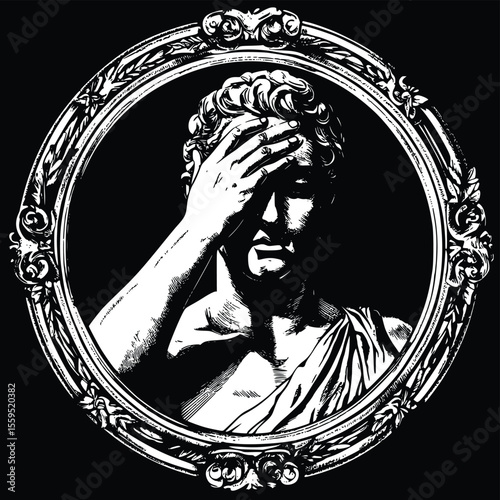 Vector illustration: Regretful classical statue in ornate frame