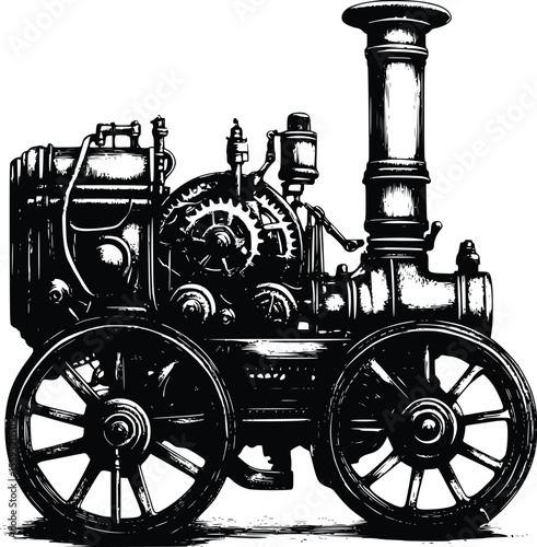 Vintage Steam Tractor Vector Illustration: Detailed Engraving Style