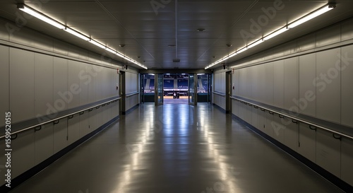 A look down a stadium sports corridor through open glass doors to a lit arena in the distance