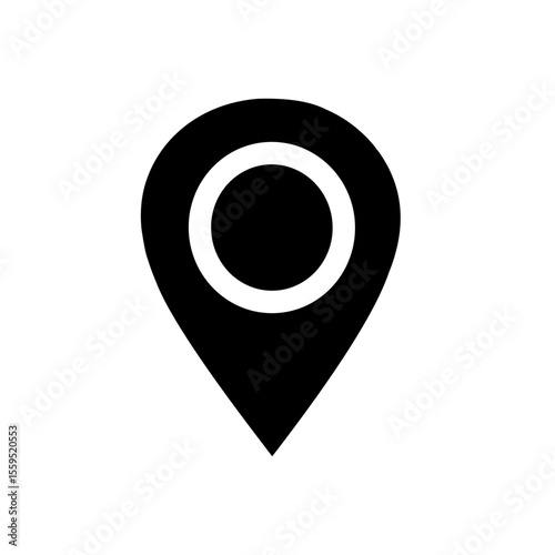 Black silhouette location pin icon in minimalist flat design on white background