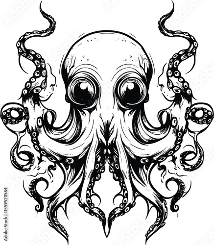 Intricate Vector Octopus Illustration: Dark, Stylized, Nautical Design