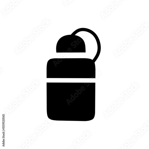 Black silhouette water bottle icon with loop lid in minimalist flat design on white background
