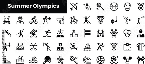 A collection of minimalist icons representing various sports in the Summer Olympics, featuring symbols for basketball, swimming, athletics, and more in a sleek black and white design.