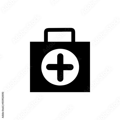 Black silhouette first aid medical kit icon with cross symbol in minimalist flat design on white background