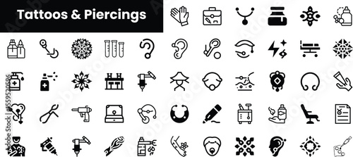 A diverse collection of black icons representing tattoos and piercings, featuring tools, designs, and elements related to body art, perfect for creative projects.