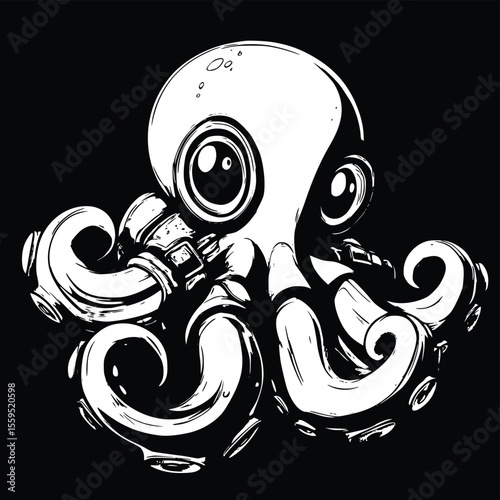 Vector illustration: Monochrome stylized octopus, steampunk design, bold graphic