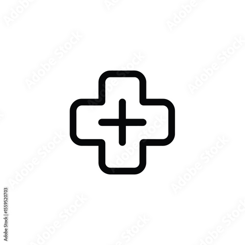 Bold Outline Black Plus Sign on White Background Medical, Addition, Cross Symbol