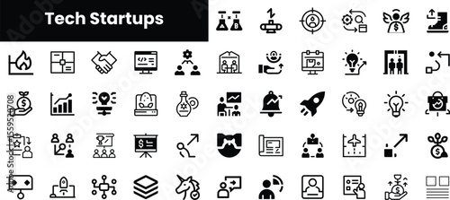 A collection of black and white icons representing various aspects of tech startups, including innovation, collaboration, finance, and growth, suitable for business presentations.
