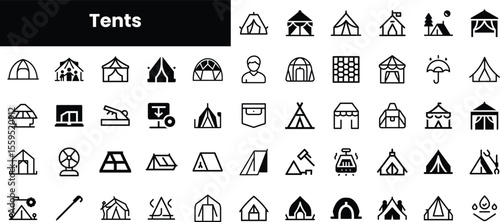 A diverse collection of tent icons, showcasing various types and styles in minimalist black-line design. Ideal for camping, outdoor activities, or event planning.