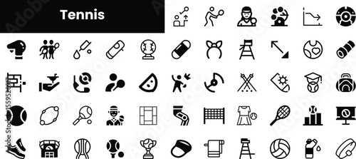 A diverse collection of black icon designs representing tennis-related elements, showcasing players, equipment, and various game aspects in a modern, minimalistic style.