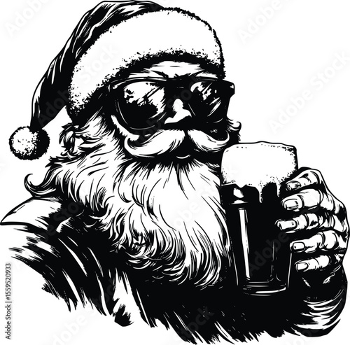 Cool Santa Vector:  Hipster Claus enjoys a pint of beer.