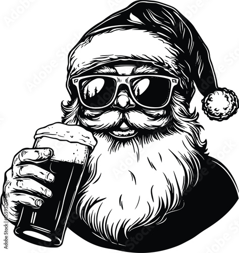 Cool Santa Claus vector illustration: drinking beer, sunglasses, Christmas