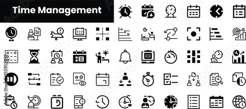 A collection of black and white icons representing time management concepts, including clocks, calendars, and charts, illustrating productivity and efficiency.
