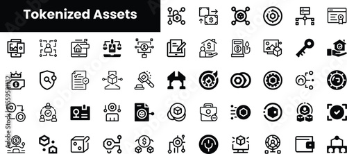 A diverse collection of black and white vector icons representing tokenized assets, showcasing various financial, legal, and security themes.