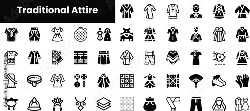 A diverse collection of black icons representing traditional attire from various cultures, showcasing garments, accessories, and symbols of heritage.