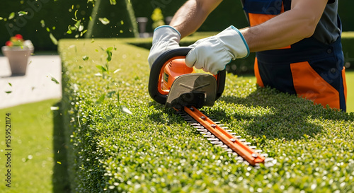Close-up of Gardener Trimming Green Hedge with Electric Hedge Trimmer