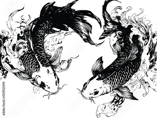 Elegant Vector Koi Fish Design:  Intricate Ink Style Illustration