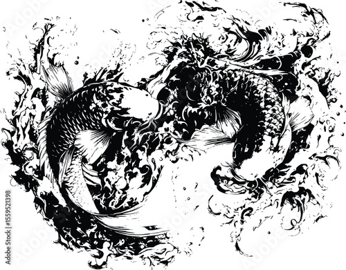 Dramatic Koi Fish Vector Illustration:  Intricate Ink Style Design