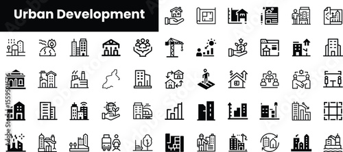 A diverse collection of urban development icons showcasing buildings, infrastructure, and community growth, perfect for representing city planning and real estate concepts.