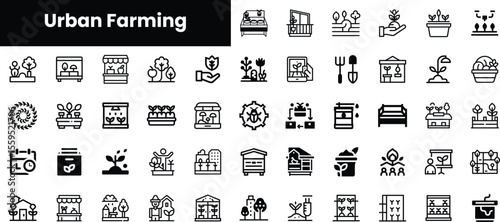 A collection of minimalistic black icons representing urban farming, showcasing various activities and elements like plants, gardening tools, and community gardens.