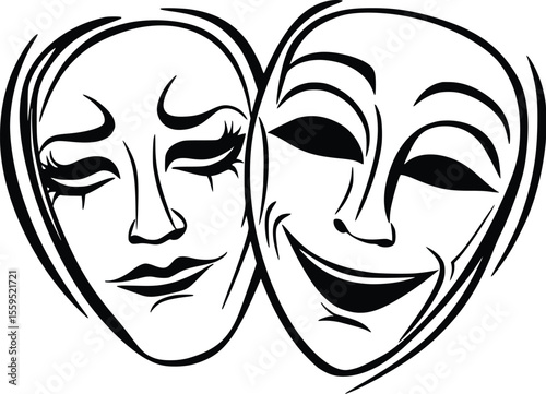 Vector illustration: Comedy and tragedy masks, stylized line art, dramatic concept.