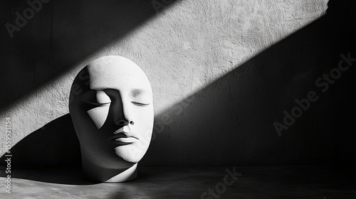 White Sculpture Head on Minimalist Background with Dramatic Shadows