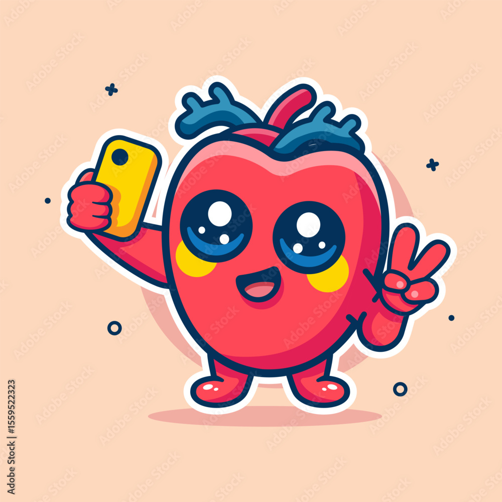 Obraz premium cheerful human heart organ character mascot taking a selfie with a smartphone isolated cartoon 